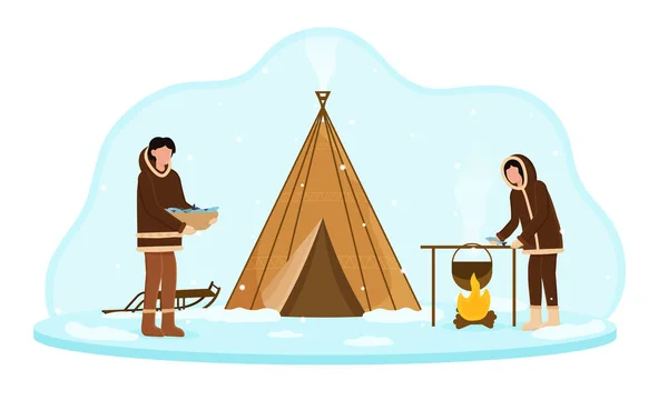 Eskimo mengenakan pakaian tradisional memasak makanan di atas api di dekat jam sepuluh Stok Vektor Bebas Royalti