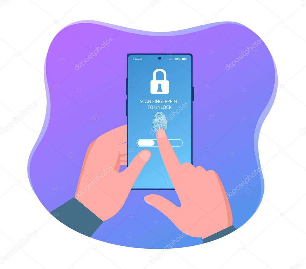 Hands holding smartphone and identification scanning with finger