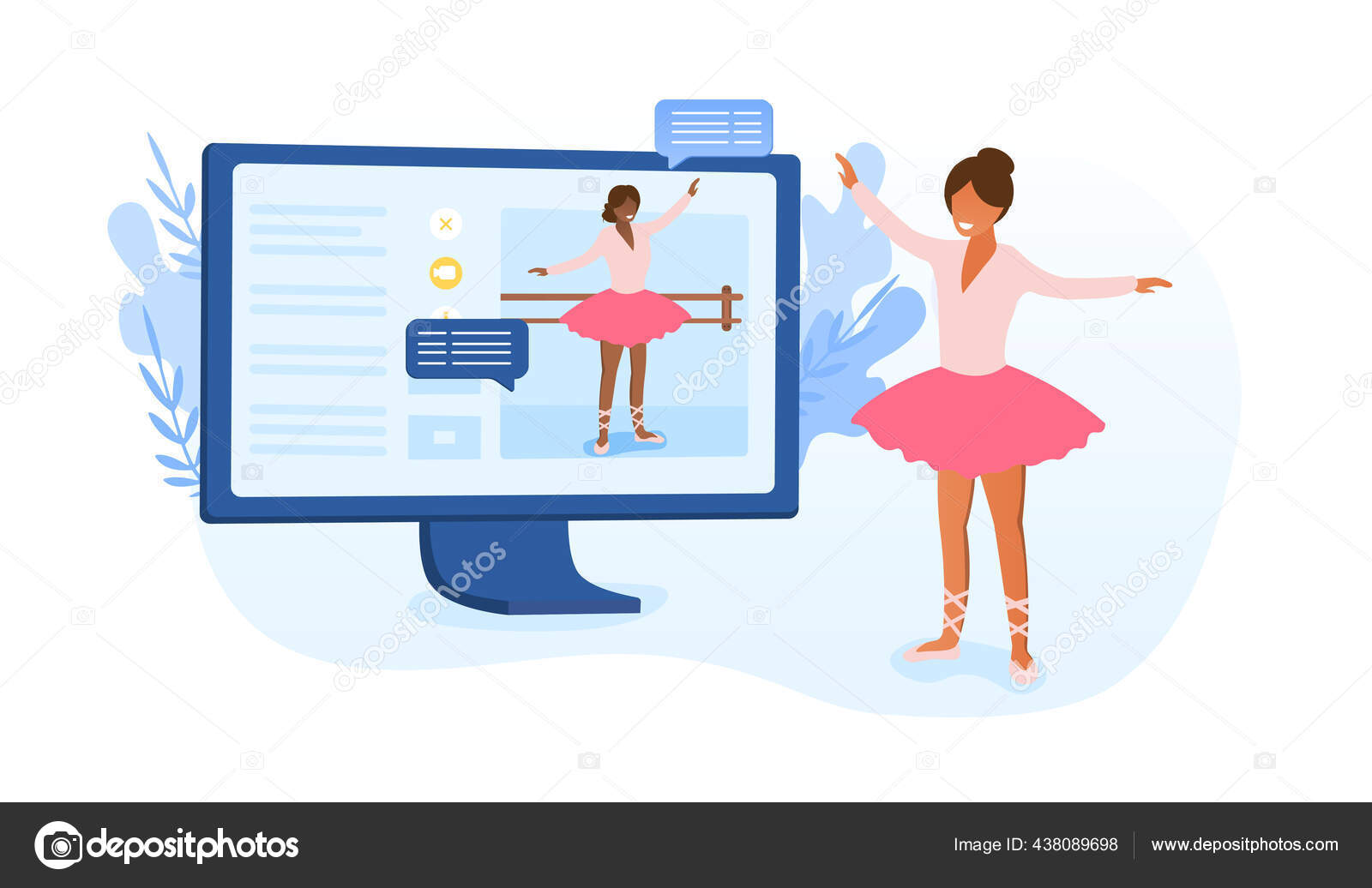 Personaje femenino está viendo clase de baile en línea Vector de stock  #438089698 de ©mentalmind, image size:1600x1036