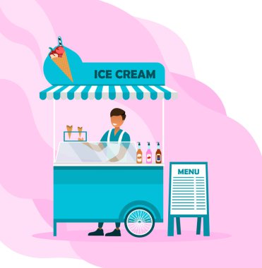 Gülümseyen erkek karakter pembe arka planda dondurma standında çalışıyor.