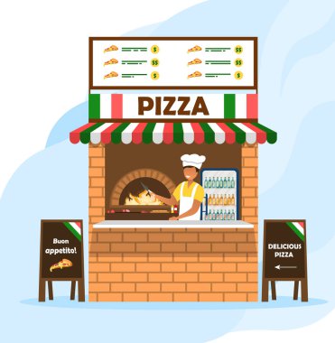 Gülümseyen aşçı küçük İtalyan pizzacıda pizza satıyor.