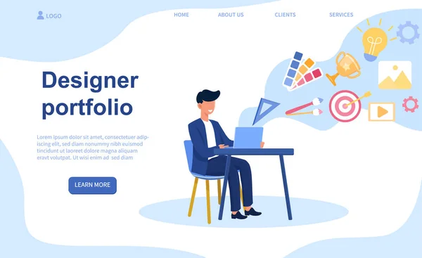 Man karakter is het maken van ontwerper portfolio op laptop — Stockvector