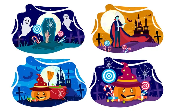 Conjunto de espeluznantes dibujos animados de Halloween para la celebración — Vector de stock