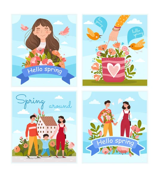 Set of cute hello spring postcards with flowers and happy people. — Stock Vector
