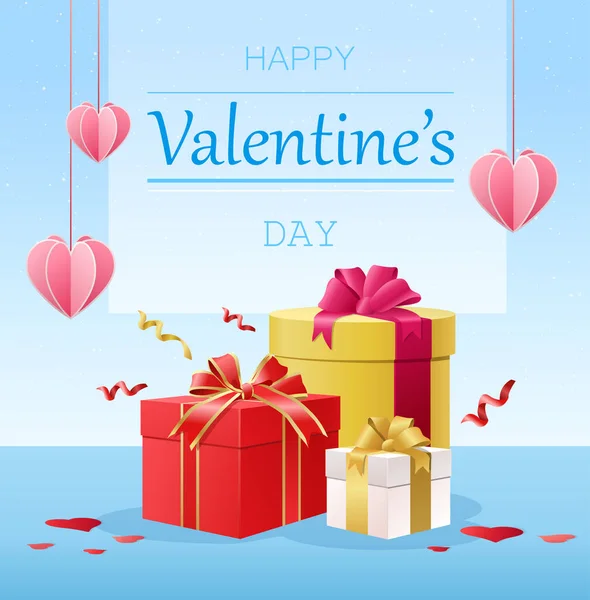 Feliz día de San Valentín postal con corazones y regalos — Vector de stock
