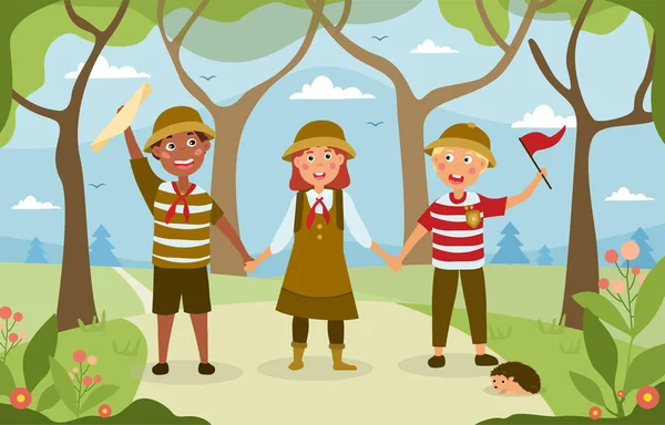 Трое счастливых молодых людей путешествуют по лесу — стоковый вектор