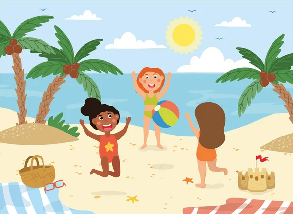 Tres niños felices de vacaciones en la playa — Vector de stock