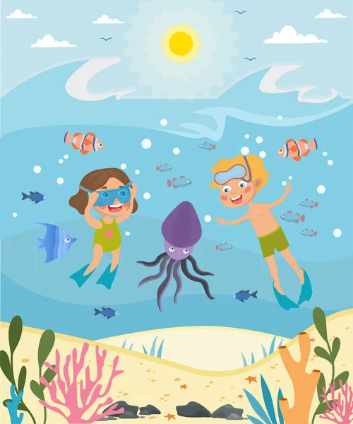 Dos niños pequeños buceando en el océano — Vector de stock