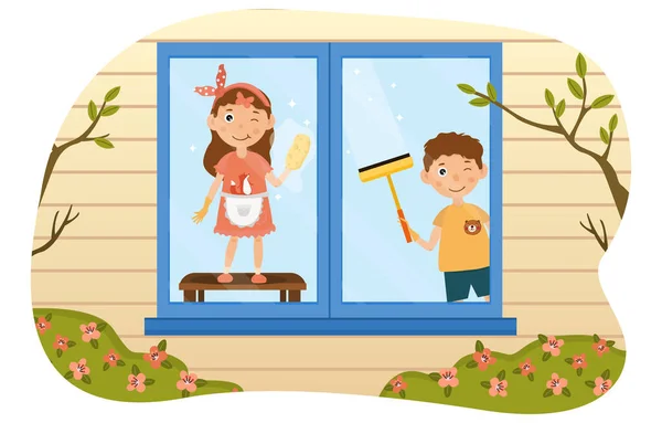 Двое маленьких детей моют окна — стоковый вектор