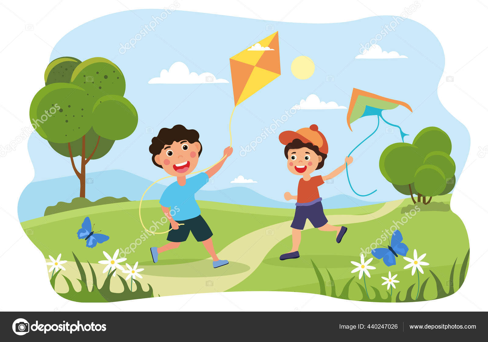 Pipas voadoras de desenhos animados em várias formas coloridas brinquedos  de vento para crianças pipa de diamante borboleta para festival de verão ao  ar livre conjunto de vetores