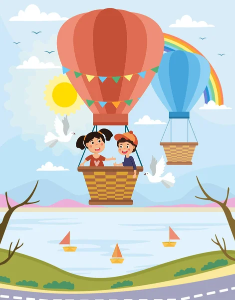Двое молодых людей наслаждаются поездкой на воздушном шаре — стоковый вектор