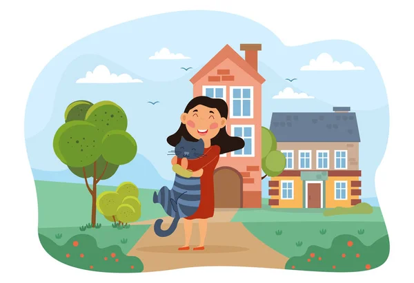 Glückliche Frau umarmt ihre Katze — Stockvektor