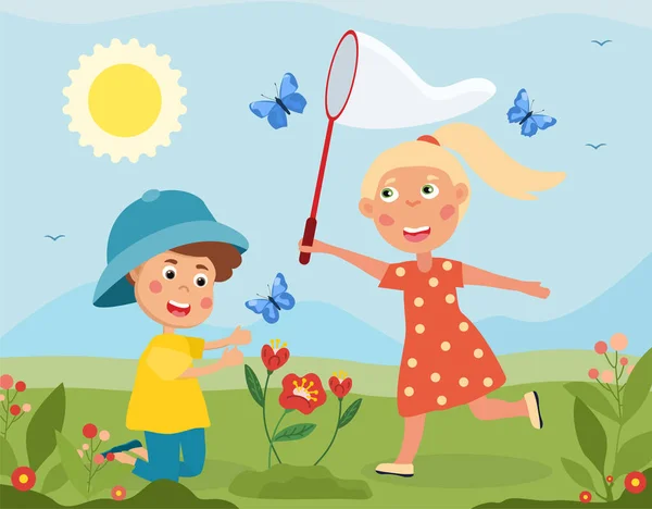 Девочка и мальчик ловят бабочек — стоковый вектор