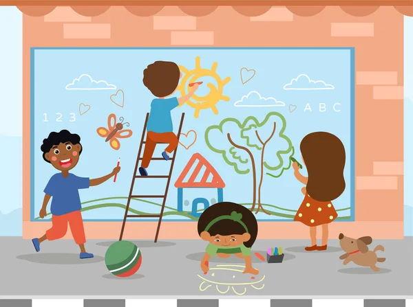 Grupo de niños diversos haciendo un mural callejero — Vector de stock