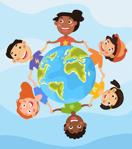 Lyckliga barn som håller händerna runt globen — Stock vektor