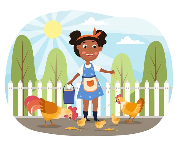 Niña alimenta a los pollos en el patio — Vector de stock