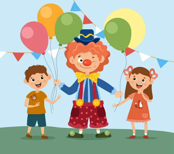 Uśmiechnięty klaun dając balony do cute chłopca i dziewczyny — Wektor stockowy