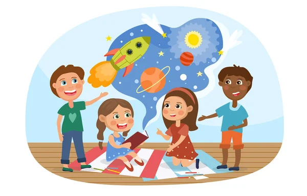 Dzieci odkrywające kosmos — Wektor stockowy
