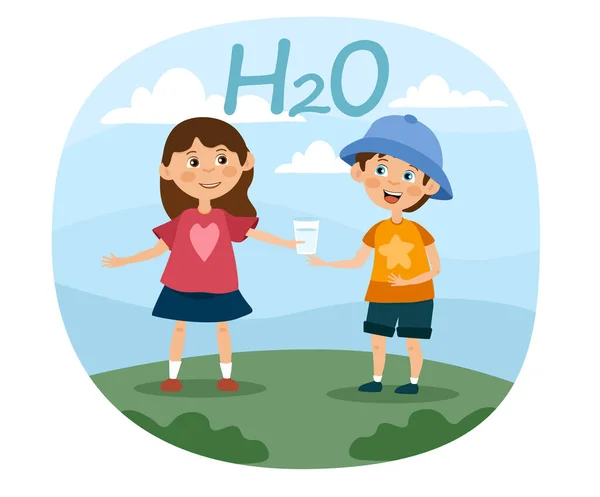 Δύο μικρά παιδιά πίνουν υγιεινό γλυκό νερό — Διανυσματικό Αρχείο
