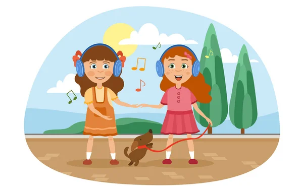 Zwei kleine Mädchen hören Musik mit dem Hund — Stockvektor
