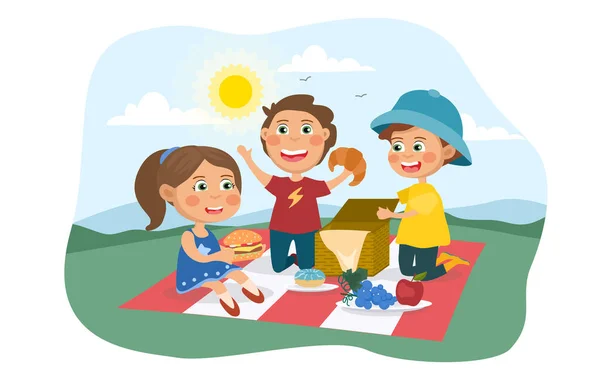 Tres niños pequeños disfrutando de un picnic de verano — Archivo Imágenes Vectoriales