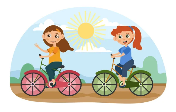 Две молодые девушки катаются на велосипедах в парке — стоковый вектор