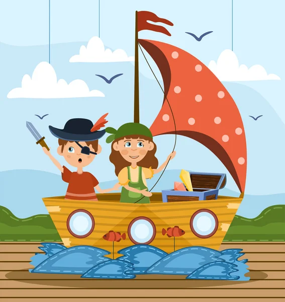 Due bambini che giocano a fare i pirati — Vettoriale Stock