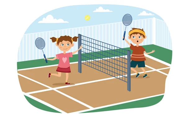 Niño y niña jugando un juego de tenis — Archivo Imágenes Vectoriales