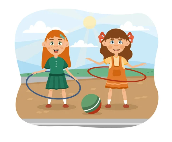 Due bambine carine che giocano con hula hoops — Vettoriale Stock