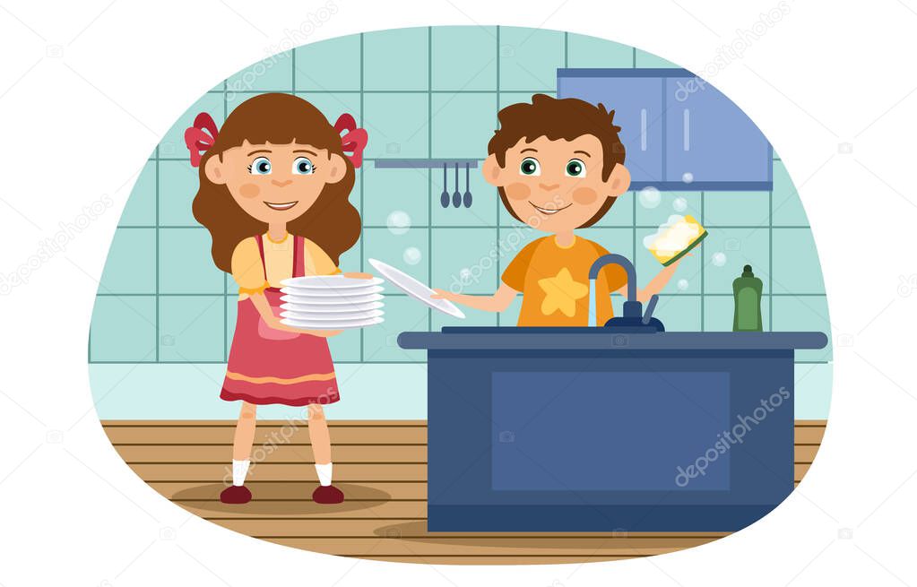 The child washes the dishes