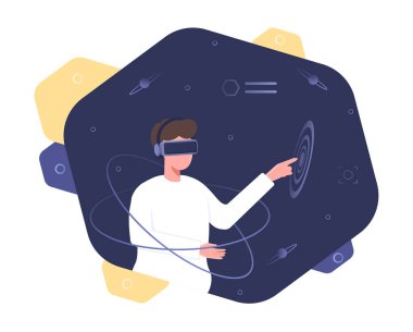 Sanal gerçeklik gözlüklü erkek karakter video oyunu oynuyor