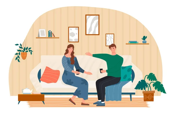 Happy couple sitting on couch in the living room and talking — Stock Vector