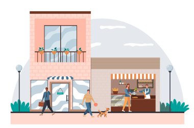 Erkek satıcı, modern şehir caddesinde açık hava yemek ve içeceklerinde çalışıyor.