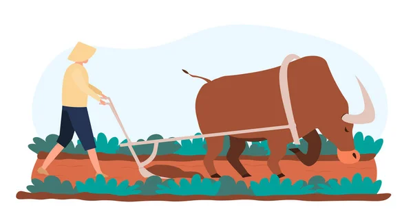 Masculino asiático personaje va a granja arroz campos con búfalo — Vector de stock
