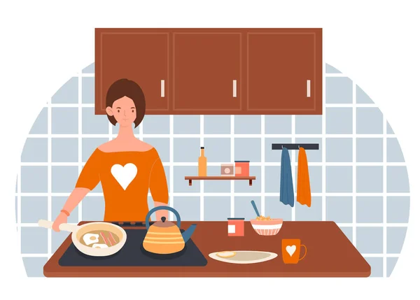 笑顔の女性キャラクターはキッチンで朝食を調理しています — ストックベクタ