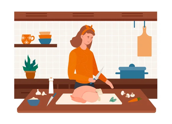 Wanita ceria karakter mempersiapkan kalkun di dapur - Stok Vektor