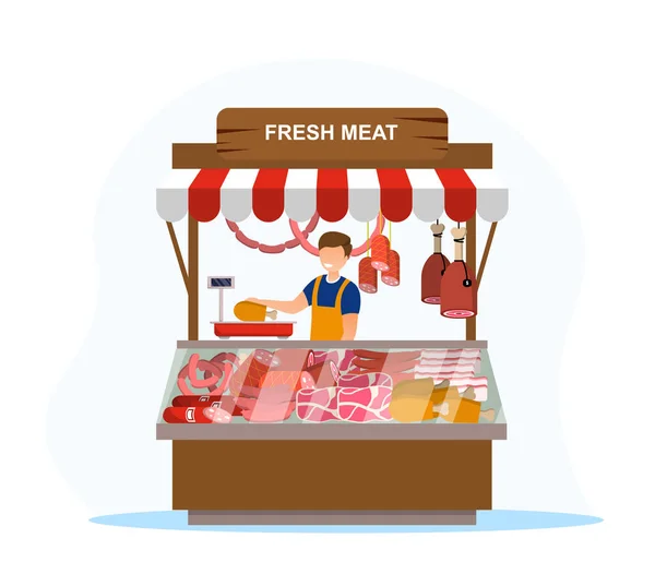 Hombre personaje está trabajando en puesto de carne al aire libre — Vector de stock