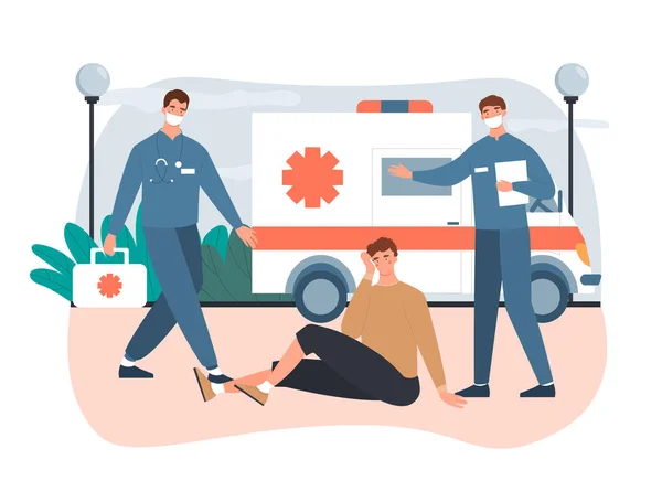 Dua paramedis laki-laki menyelamatkan orang di ambulans - Stok Vektor