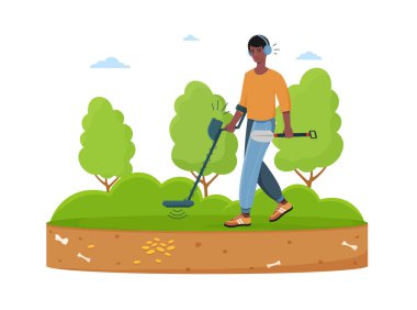 Metal dedektörlü erkek hazine avcısı değerli taşlar arıyor.