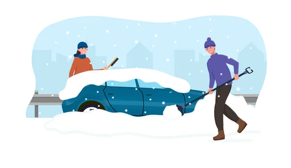 Personajes masculinos y femeninos limpiando el coche de nieve — Vector de stock