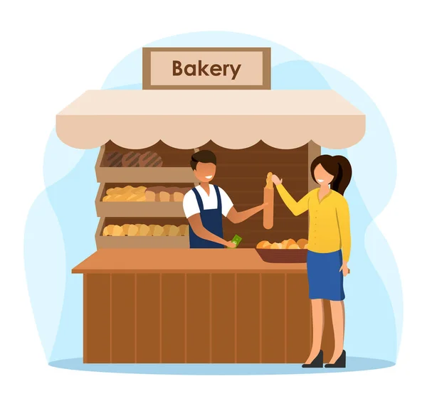Férfi eladó dolgozik a pékség standján. — Stock Vector