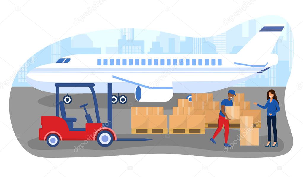 Male worker in uniform is loading boxes from the forklift to plane