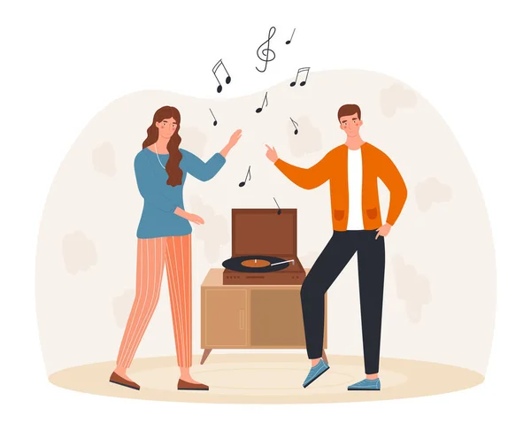 Male and female characters are dancing to the music together — Stock Vector