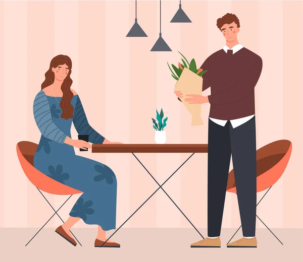 Hombre personaje está dando ramo de flores a la chica — Vector de stock