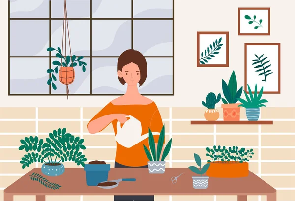 Personagem feminina está cuidando das plantas — Vetor de Stock