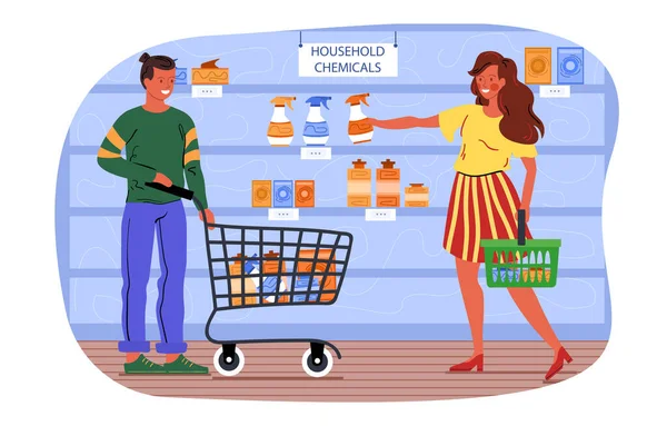Mężczyźni i kobiety kupują w sklepie chemikalia dla gospodarstw domowych — Wektor stockowy