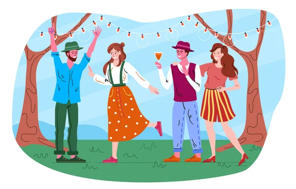 Мужчины и женщины устраивают вечеринку в стиле ретро-сада — стоковый вектор