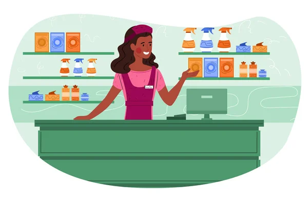 Sorridente cassiera femminile nel supermercato è salutare i clienti e vendere prodotti chimici per la casa — Vettoriale Stock