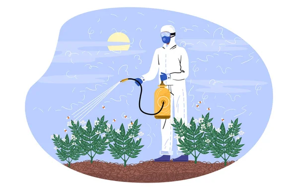 Персонаж в специальном костюме, распыляющий пестициды — стоковый вектор