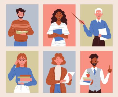 Çeşitli çok ırklı öğretmen karakterleri